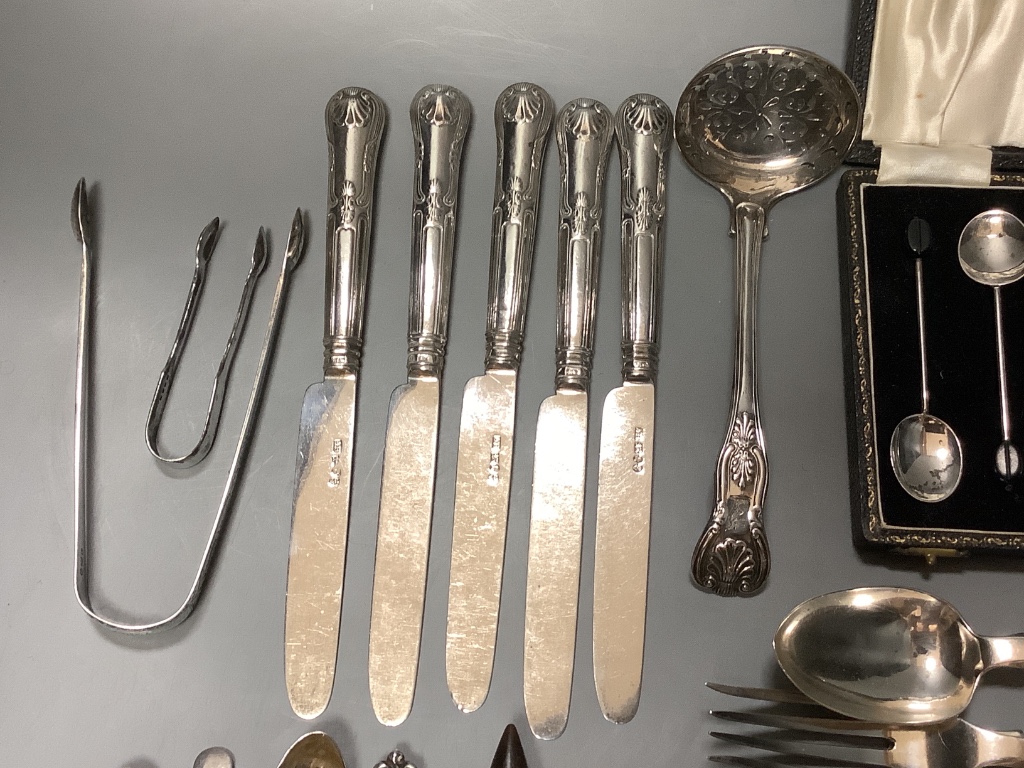 Five pairs of Georgian silver fruit eaters and a quantity of miscellaneous silver flatware